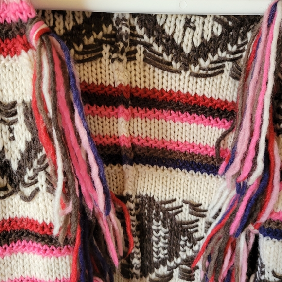 Wool Blend Boho Fringe Striped Cardigan Sweater, M - Picture 3 of 12
